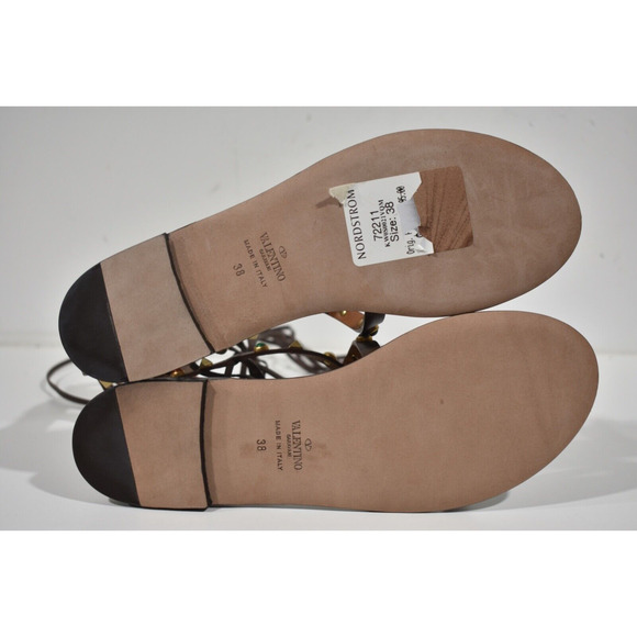 Valentino Rockstud Brown Beaded Strap Gladiator Lace Up Tie Ankle Flat Sandal 38 - Picture 12 of 12